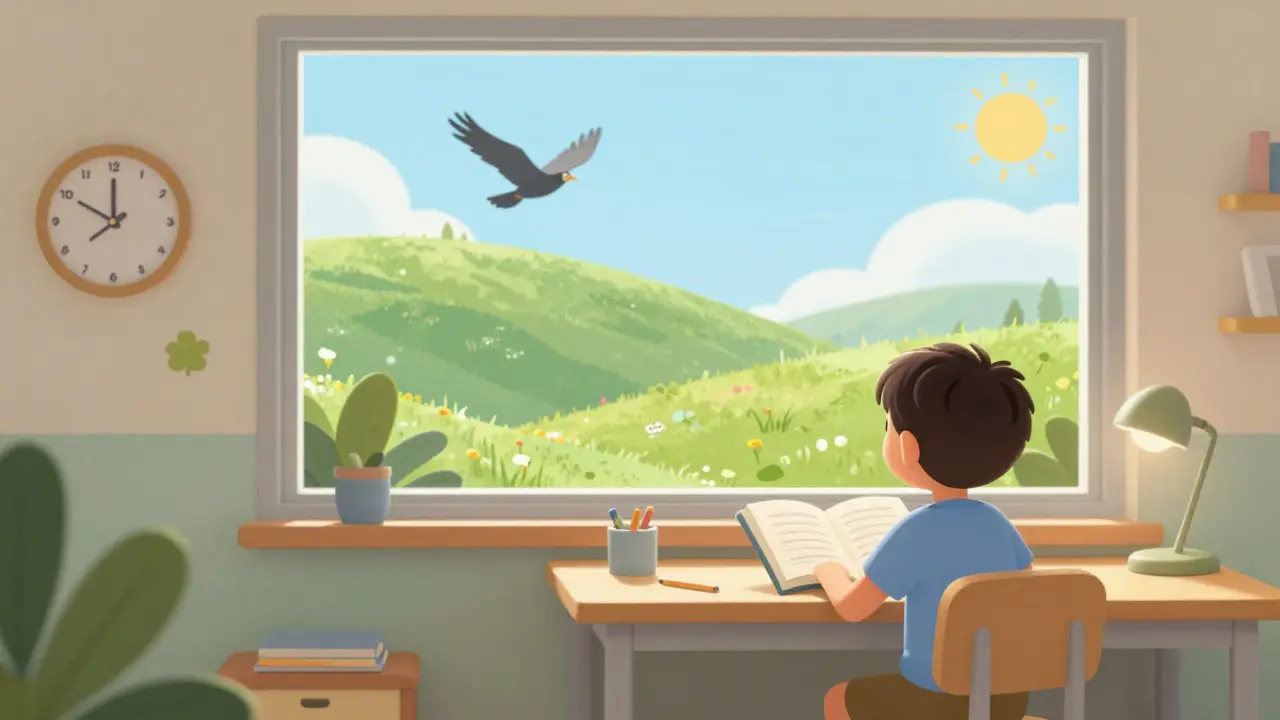 A child at a desk taking a break to look at a distant green hill through a bright window.
