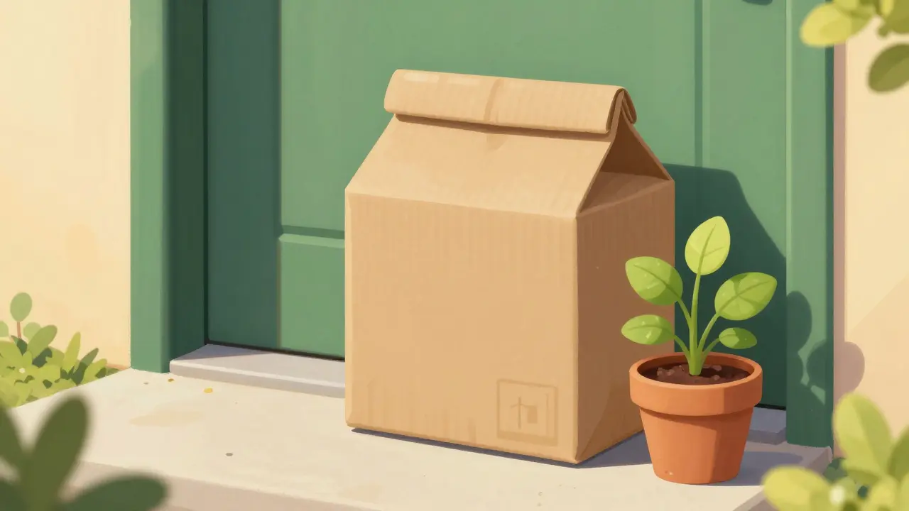 A discreet medication delivery package on a sunny doorstep with a plant