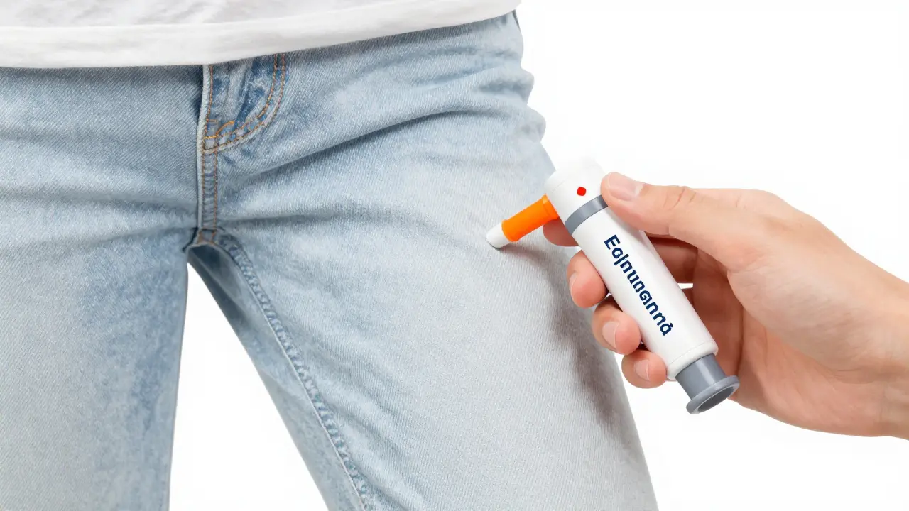 A hand holding an epinephrine auto-injector ready for use on the outer thigh.