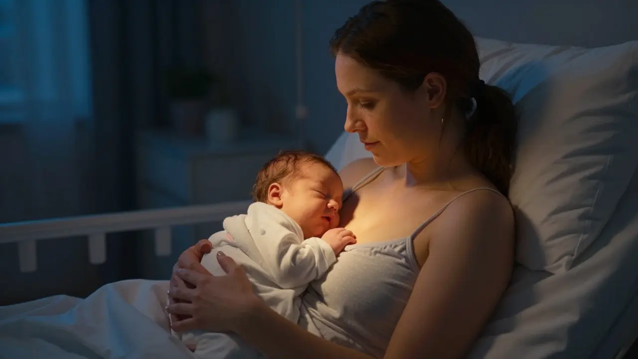 A mother holding her newborn baby skin-to-skin in a peaceful, dimly lit room.