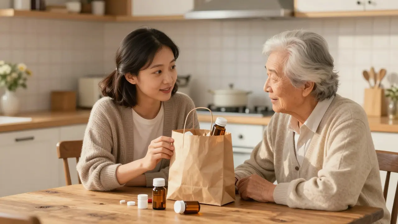 Adult child and elderly parent reviewing medications from a brown paper bag at a kitchen table.