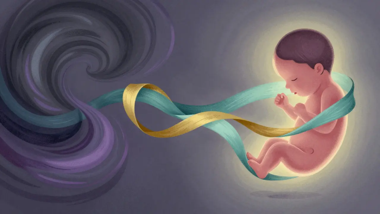 Conceptual art showing protective teal and gold ribbons surrounding a developing fetus.