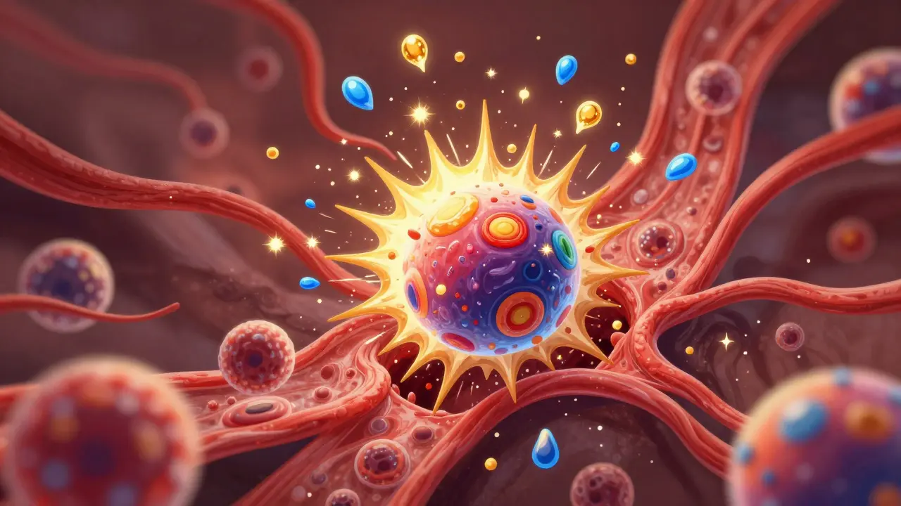 Conceptual illustration of a mast cell releasing chemicals into the bloodstream.