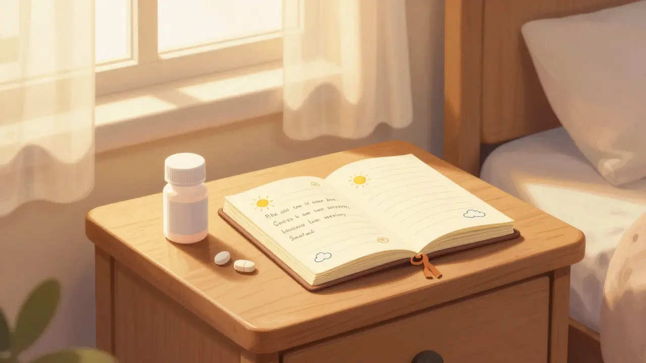 Cozy bedroom scene with medication and a health tracking journal on a bedside table.