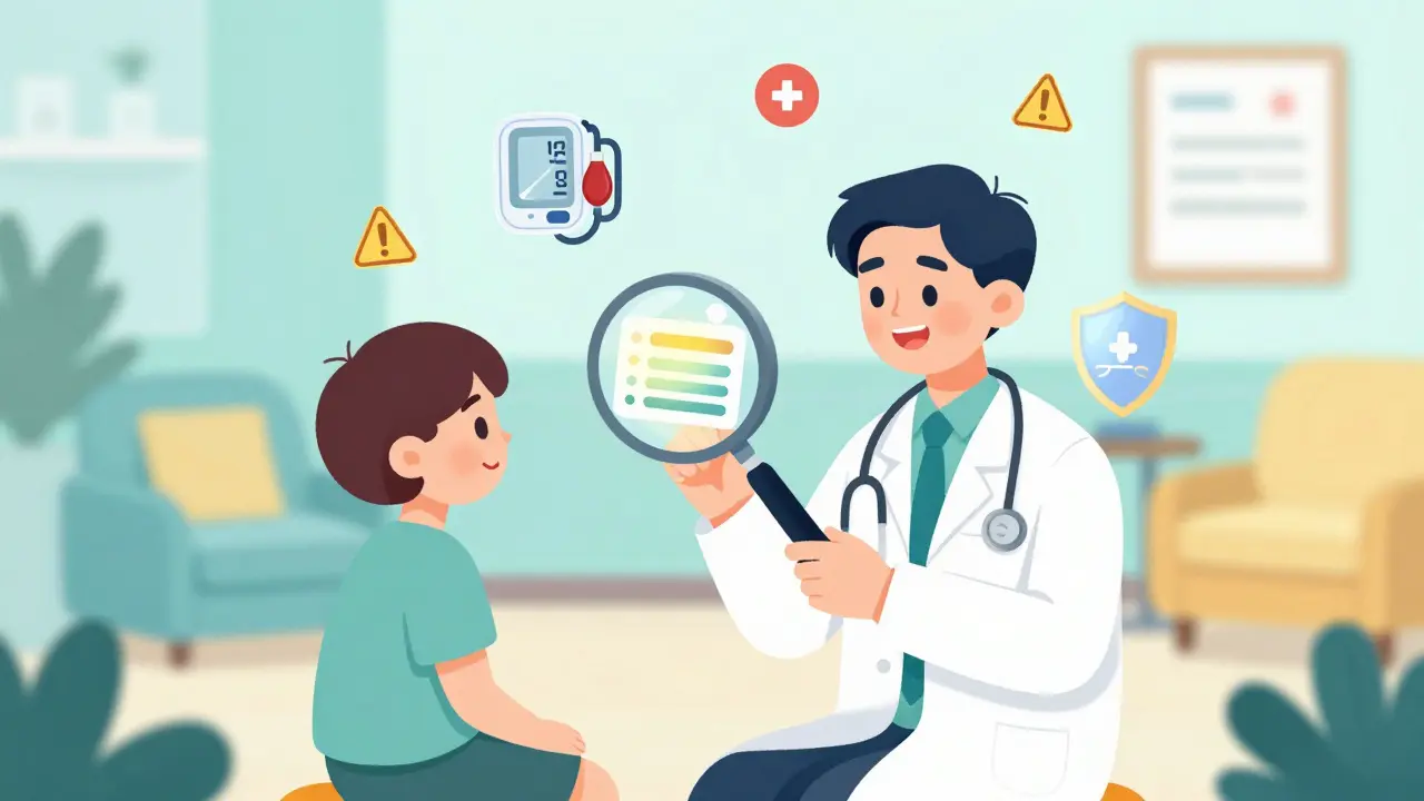 Doctor using a magnifying glass to explain a drug label to a patient.