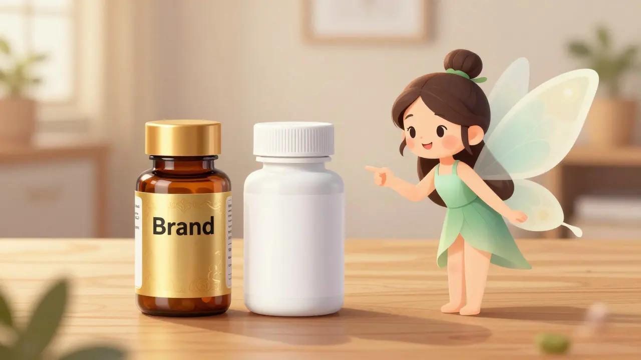 Illustration comparing brand name and generic medication bottles