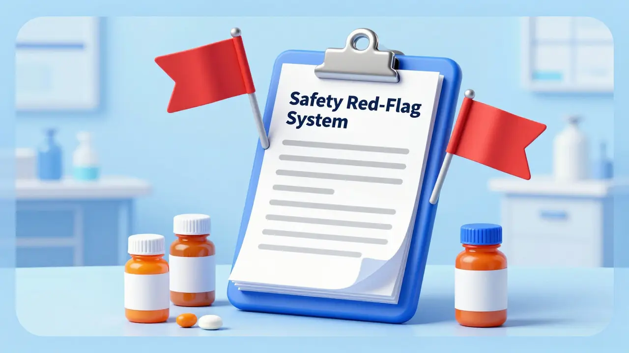 Medical clipboard with red warning flags pointing to medicine bottles in a soft clinical setting.