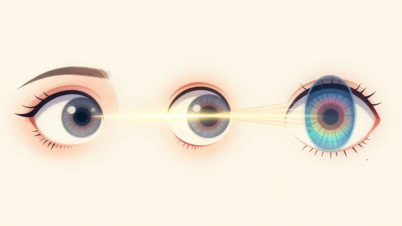 Three stylized diagrams showing the different focal points of myopia, hyperopia, and astigmatism.